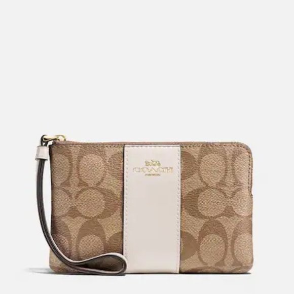 Coach Handbags - Coach Corner Zip Wristlet In Signature Canvas Gold/KHAKI/CHALK